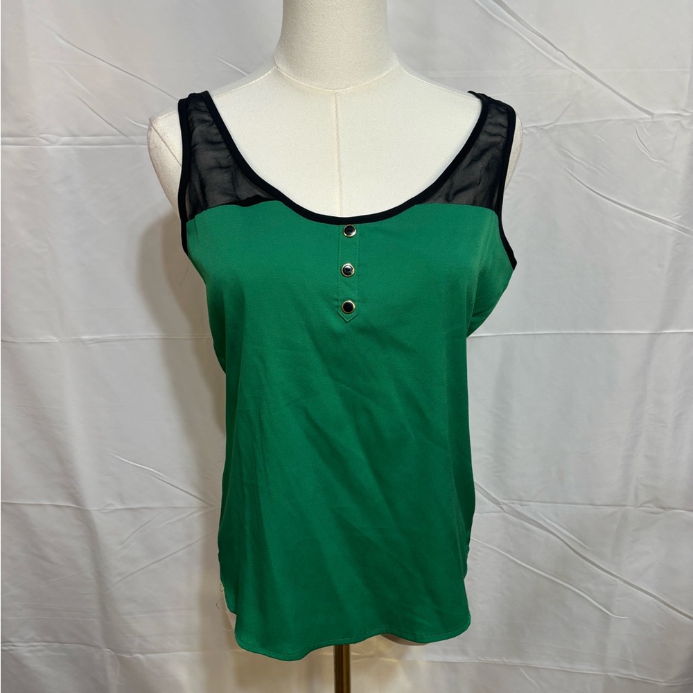 Y2K Bebe Green Strappy Back‎ Tank Top Sheer Mesh Trim Clubbing Size S